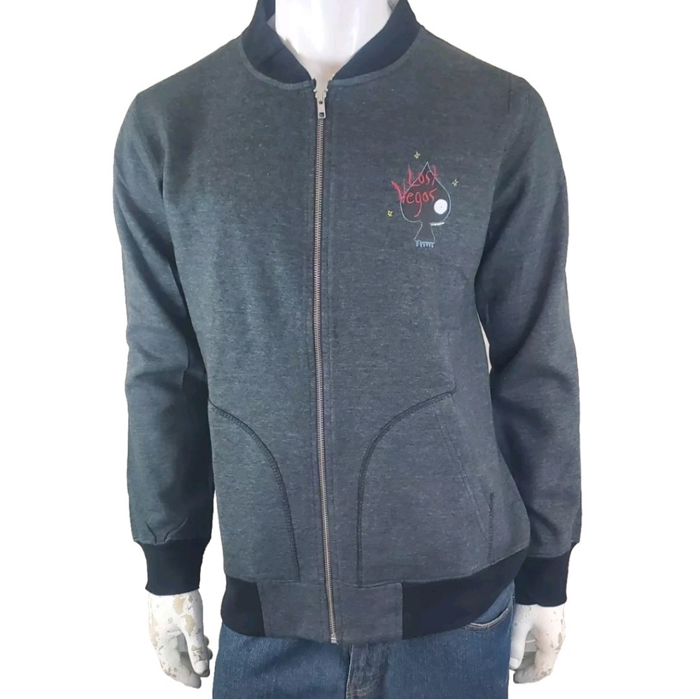 NWT Tim Burton The Neon Museum Las Vegas Gray Spade Logo Full Zip Sweater Size L